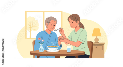Woman Assisting Elderly Gentleman During Mealtime, Providing Care And Support At Home
