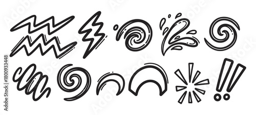 Collection of expressive hand-drawn doodle elements in a bold black and white style, featuring abstract swirls, lightning bolts, splashes, and other graphic symbols for design