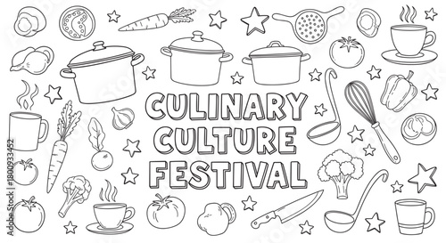Hand-drawn doodle banner for a culinary culture festival featuring various vegetables, cooking utensils, and kitchenware, presented as a black and white line art coloring page