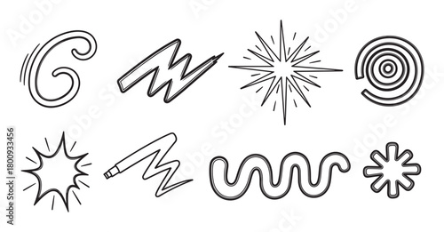 A collection of hand-drawn abstract shapes and comic book style graphic elements, including swirls, zigzags, and starbursts, isolated on a clean white background