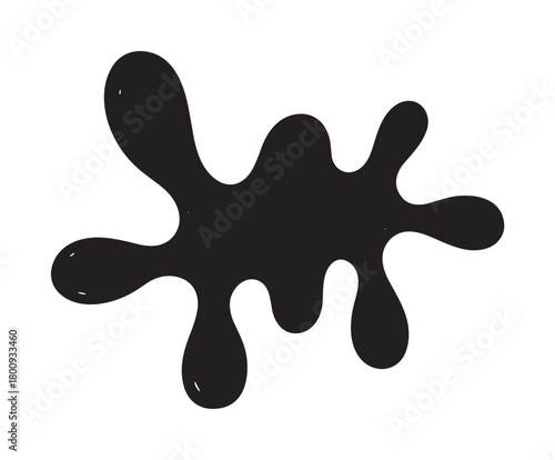 A simple black inkblot or paint splat with a glossy finish, isolated on a clean white background, representing a creative mess or a fluid, abstract graphic design element