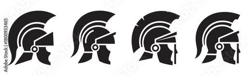Set of four ancient warrior helmet icons in profile view, a minimalist black silhouette collection representing historical roman, greek, or spartan soldiers and gladiators
