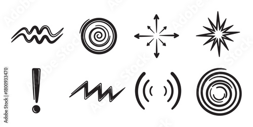 A diverse collection of hand-drawn black abstract symbols and icons, including a spiral, starburst, exclamation mark, and wavy lines, isolated on a clean white background for graphic design