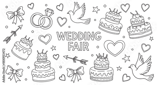 A black and white outline doodle illustration featuring various wedding fair elements like cakes, rings, doves, hearts, and bows, perfect for a coloring page or invitation design