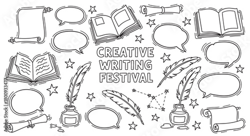 A hand-drawn doodle set of literary icons like books, quills, scrolls, and speech bubbles for a creative writing festival concept, isolated on a white background