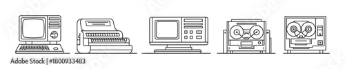 A set of minimalist line art icons depicting various retro computers, vintage terminals, and old reel-to-reel tape machines isolated on a white background