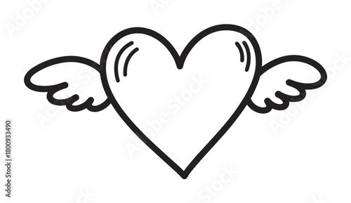 A charming hand-drawn illustration of a heart with small angel wings, a minimalist black line art icon representing love and affection, isolated on a white background