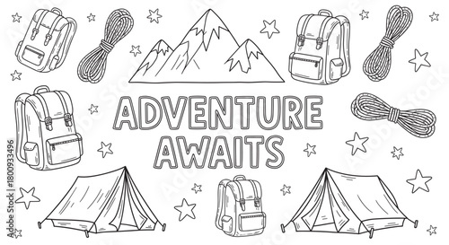 A hand-drawn coloring page illustration with the inspirational quote Adventure Awaits, surrounded by camping and hiking equipment like a backpack, tent, rope, and mountains