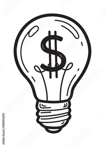 A hand-drawn light bulb with a dollar sign filament, representing a profitable idea, financial innovation, or business concept, isolated on a clean white background