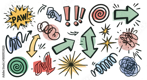 Energetic set of hand-drawn doodle elements in a retro comic book style, featuring colorful arrows, scribbles, and exclamation marks with a vintage halftone texture