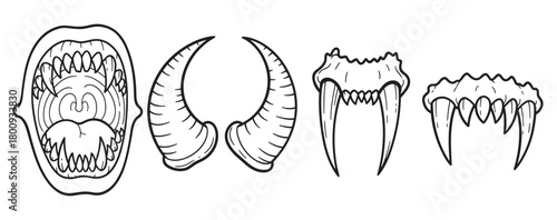 A set of black and white line art illustrations featuring various monster parts like a roaring mouth, demon horns, and sharp predator fangs, isolated on a white background
