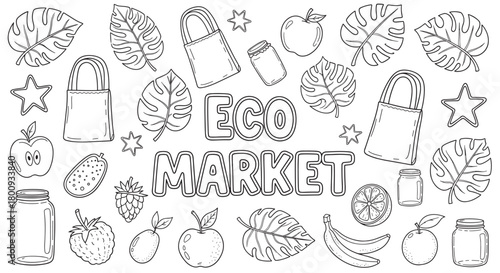 A black and white doodle set with Eco Market lettering, surrounded by hand-drawn fruits, reusable bags, glass jars, and tropical leaves representing a sustainable lifestyle concept
