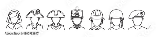 A minimalist line art illustration showing the evolution of military uniforms and headwear through different historical eras, from vintage tricorne hats to modern combat helmets and berets