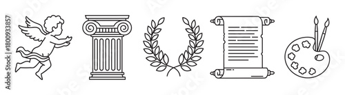 A set of minimalist black line art icons representing classical art and knowledge, featuring a cherub, ionic column, laurel wreath, parchment scroll, and artist's palette isolated on white