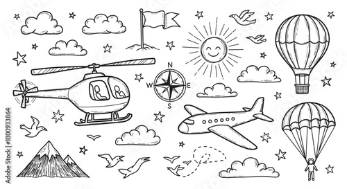 A playful collection of hand-drawn doodle icons illustrating air travel, adventure, and exploration, featuring aircraft, balloons, a parachute, mountains, clouds, birds, and a smiling sun
