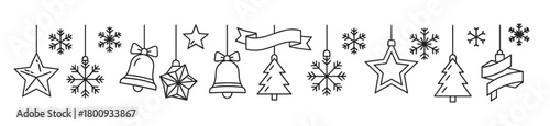 Set of hand-drawn winter holiday icons hanging in a decorative row, featuring Christmas tree, star, bell, and snowflake symbols in a clean outline style for festive design