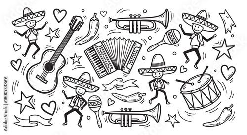 A festive collection of hand-drawn doodle illustrations featuring musicians in sombreros, musical instruments like guitars and trumpets, and cultural symbols for a celebration