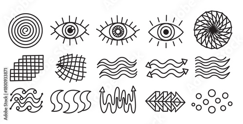 Collection of hand-drawn abstract symbols in a minimalist line art style, featuring esoteric eyes, hypnotic spirals, waves, and geometric shapes isolated on a white background