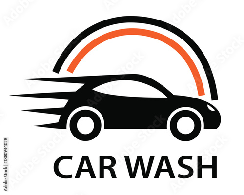 Car wash logo with speedy silhouette vehicle and rainbow arch, representing automotive cleaning services, speed, and efficiency