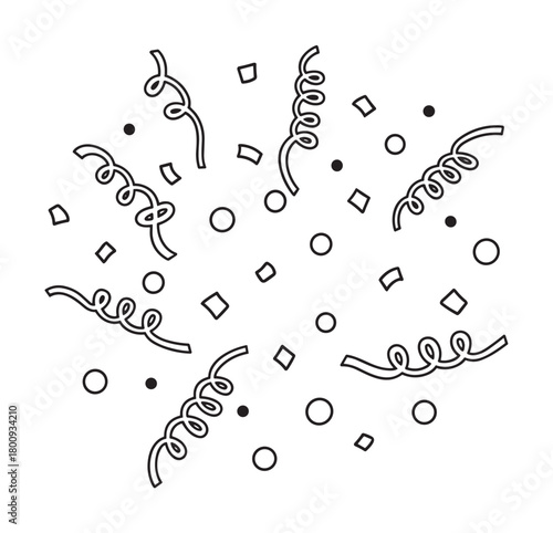 Simple black outline drawing of festive confetti and curly streamers exploding on a clean white background, representing a joyful celebration or happy event