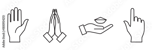 Set of four minimalist hand gesture icons in a clean line art style, illustrating concepts like prayer, charity, pointing, and greeting, isolated on a white background