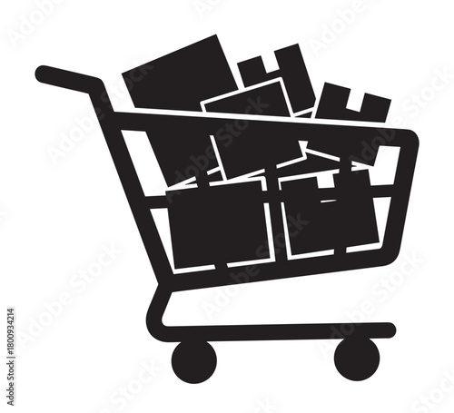 A black silhouette icon of a shopping cart filled with numerous boxes and packages, representing e-commerce, consumerism, and online purchasing on a clean white background
