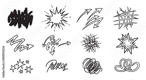 A collection of various hand-drawn doodle elements in black ink, including arrows, stars, hearts, and abstract scribbles, isolated on a white background for graphic design