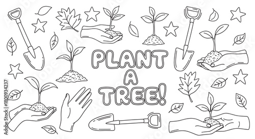 A hand-drawn doodle set with the message 'Plant a Tree!', featuring hands holding saplings, shovels, and leaves, illustrating an environmental and gardening concept
