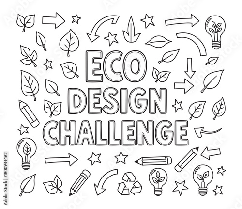 Hand-drawn lettering for an 'Eco Design Challenge' surrounded by doodle icons of leaves, pencils, and lightbulbs, illustrating concepts of sustainability and creative innovation