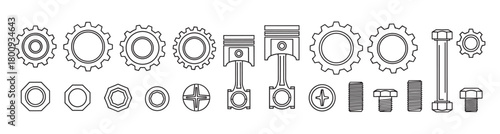 A collection of mechanical parts including gears, pistons, nuts, and bolts, illustrated in a simple black and white line art style on a clean isolated background