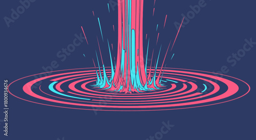 A vibrant abstract illustration showcases a dynamic stream of pink and blue energy particles bursting upwards from a rippling surface, symbolizing data flow and modern technology.