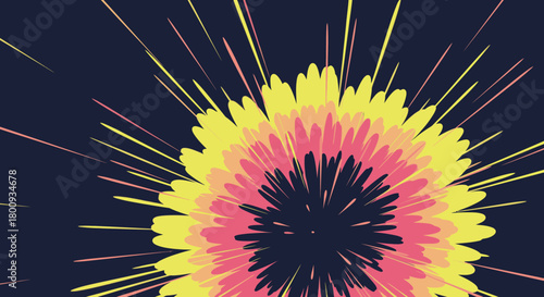 A vibrant abstract radial burst of yellow and pink lines radiates outwards from a dark center against a deep blue background, symbolizing energy and impact.