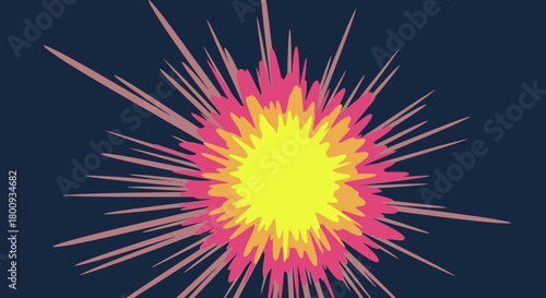 A vibrant, cartoon-style explosion bursts forth with energetic yellow, orange, and pink rays against a deep blue background, symbolizing impact or excitement.