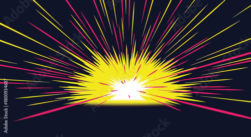 An energetic yellow light burst radiates with dynamic pink and yellow speed lines against a dark background, creating a powerful abstract illustration of motion and impact.