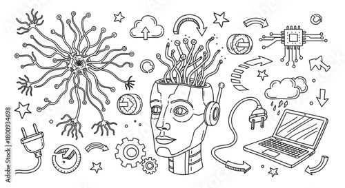 Hand-drawn doodle illustration set on the theme of artificial intelligence, featuring a robot head, neural network, microchip, laptop, and various technology symbols
