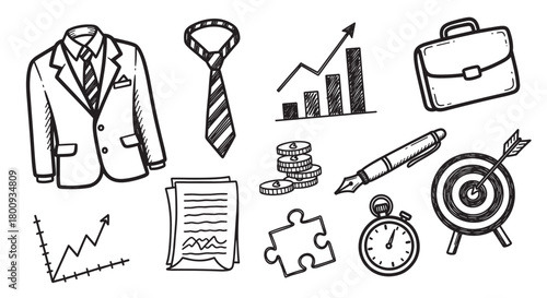 A collection of hand-drawn business and finance doodle icons, including a suit, briefcase, growth chart, target, and money, illustrating concepts of corporate success and strategy