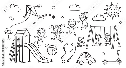 A charming collection of hand-drawn doodle illustrations showing happy children playing at a playground with toys like a kite, slide, and swings on a sunny day