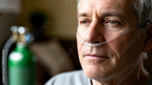Elderly Man With Oxygen Nasal Cannula And Green Oxygen Tank In The Background In A Softly Lit Room