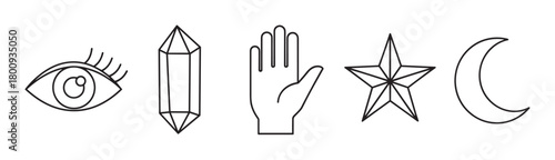 A set of mystical and esoteric symbols including an eye, crystal, hand, star, and moon, rendered in a clean black and white line art style on an isolated background