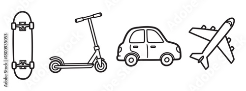 A set of four transportation icons including a skateboard, scooter, car, and airplane, illustrated in a simple black and white line art doodle style on a clean background