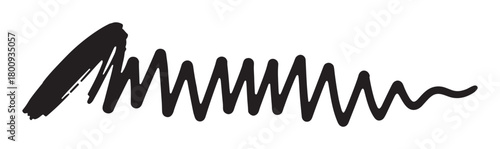 Hand-drawn black grunge scribble with a thick brush stroke transitioning into a wavy zigzag line, an abstract artistic design element isolated on a white background
