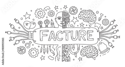 A conceptual black and white doodle illustration showing a central unit with wires connecting to a cyborg head, brains, gears, and lightbulbs, representing technology and creation