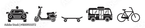 Collection of minimalist black icons for eco-friendly city mobility, featuring an electric car, scooter, bus, bicycle, and skateboard for sustainable transport concepts