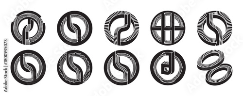 Minimalist collection of ten abstract geometric design elements with a 3D illusion, featuring circular and ribbon-like shapes in a bold black and white graphic style