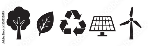 A set of simple black icons representing environmental conservation and renewable energy, including a tree, leaf, recycling symbol, solar panel, and wind turbine on a white background