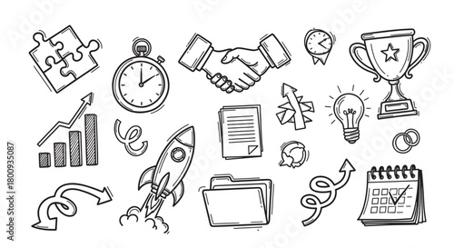 A collection of hand-drawn doodle icons representing business startup concepts like growth, strategy, success, and partnership, sketched in black ink on a light background