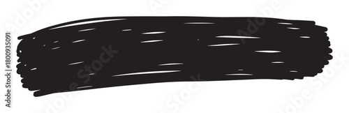 An expressive black hand-drawn brushstroke with a textured, irregular shape and small white gaps, isolated on a clean white background, conveying an artistic and raw graphic element