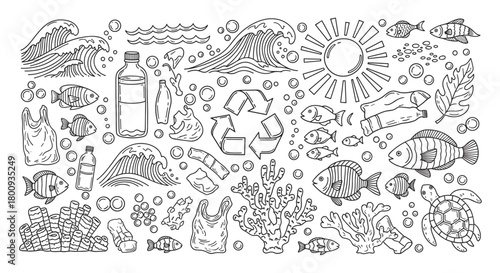A hand-drawn doodle collection illustrating the problem of ocean pollution with plastic waste, fish, a turtle, coral, and a recycling symbol for environmental awareness