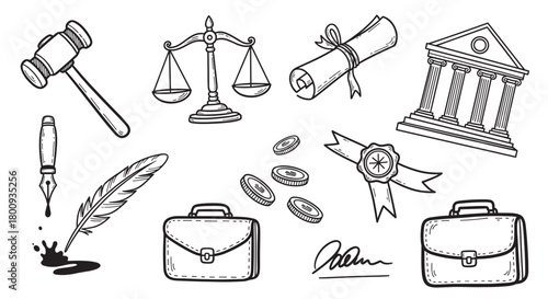 A collection of hand-drawn doodle icons representing law, justice, finance, and business, including a gavel, scales, courthouse, and briefcase on a beige background
