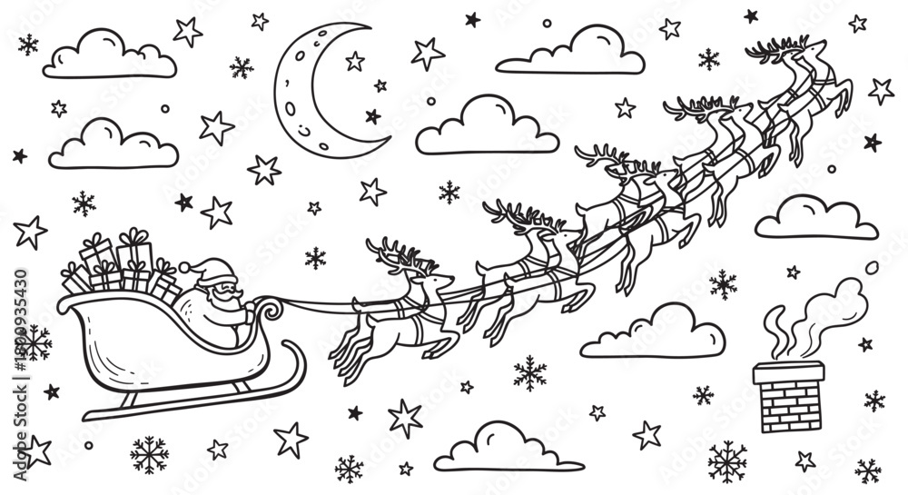 Naklejka premium A whimsical hand-drawn illustration of a festive character flying in his sleigh with reindeer across a starry winter night sky with clouds, snowflakes, and a crescent moon